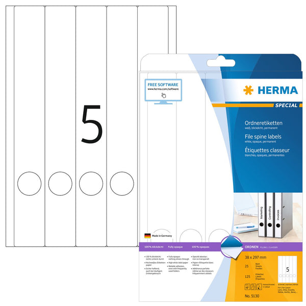 File labels, White, 38 x 297mm, for narrow files (long), A4 [125 labels]