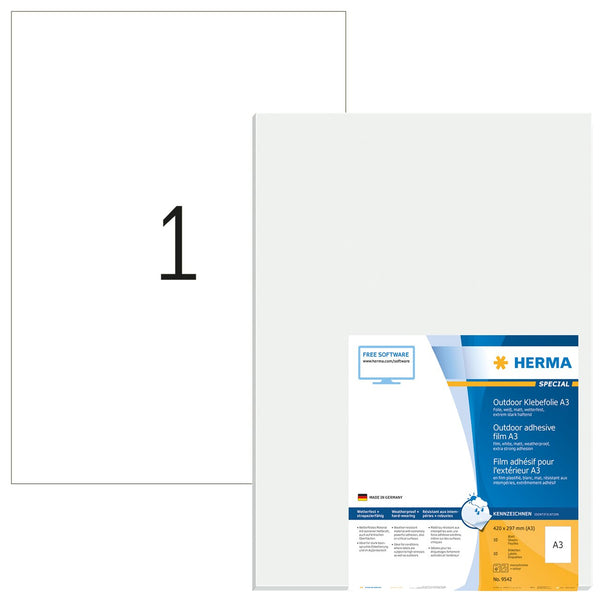 Weatherproof film labels, 420 x 297mm, White, Extra-strong adhesive, A3 [10 labels]