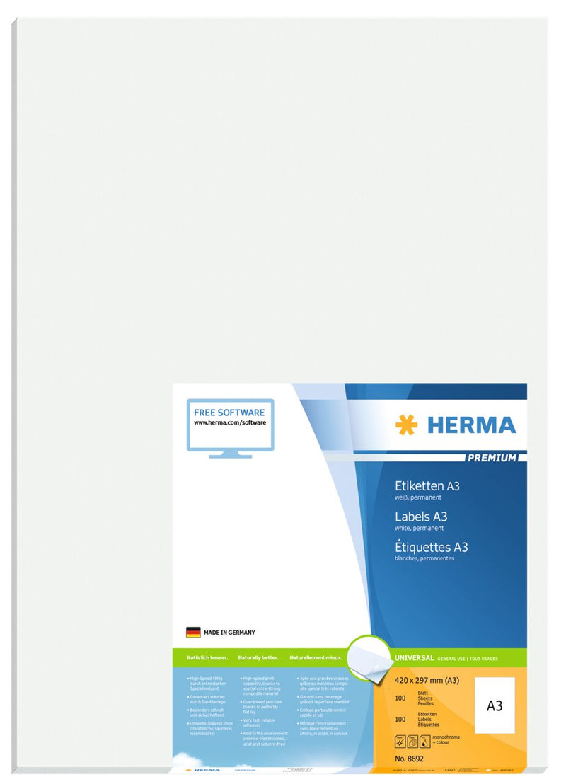 Address labels, 420 x 297mm, PREMIUM, Recyclable paper, Permanent adhesive, A3 [100 labels]
