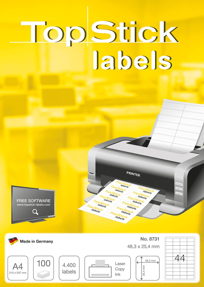 Labels, Copier/Laser/Inkjet, 48 x 25mm, White, Paper, Permanent adhesive, A4 [4400 labels]