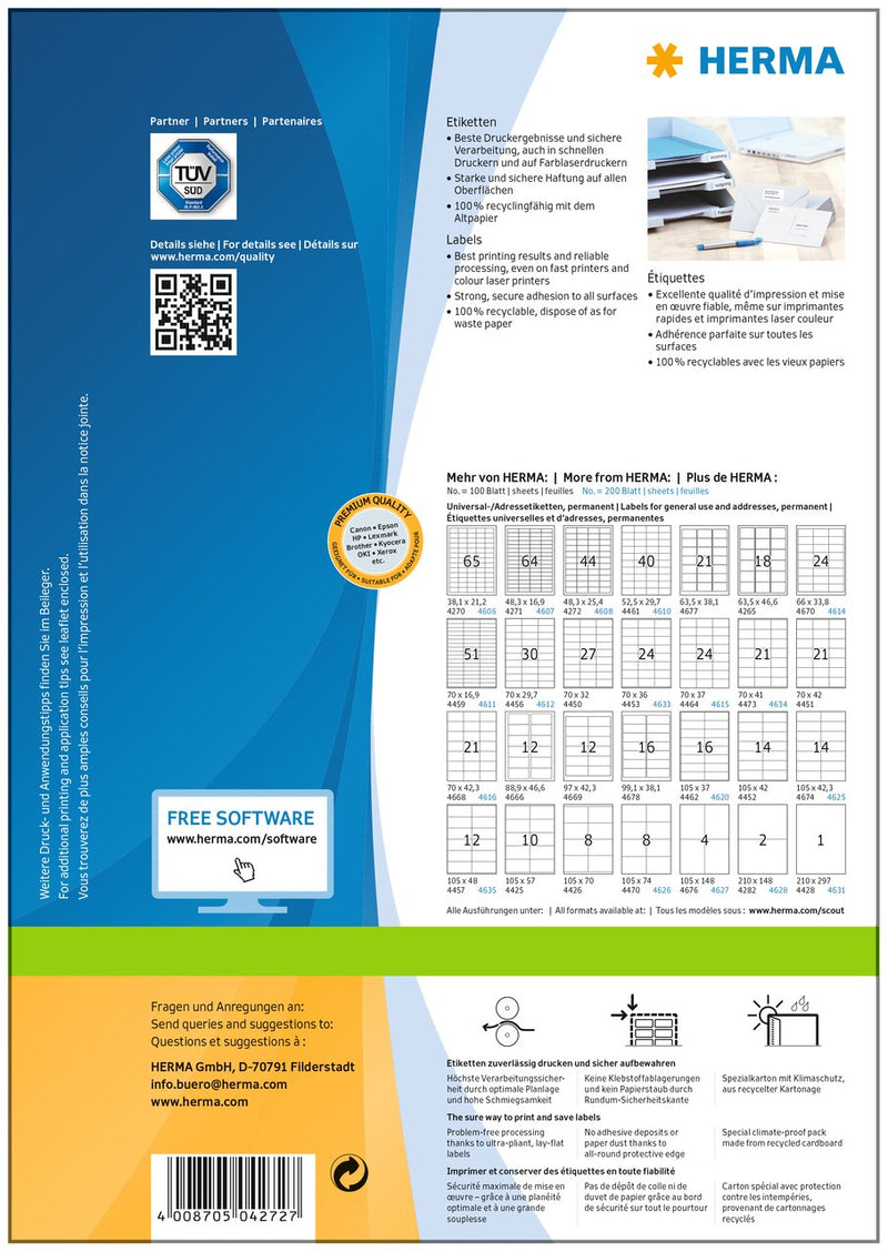 Address labels, 49 x 25mm, PREMIUM, Recyclable paper, Permanent adhesive, A4 [4400 labels]