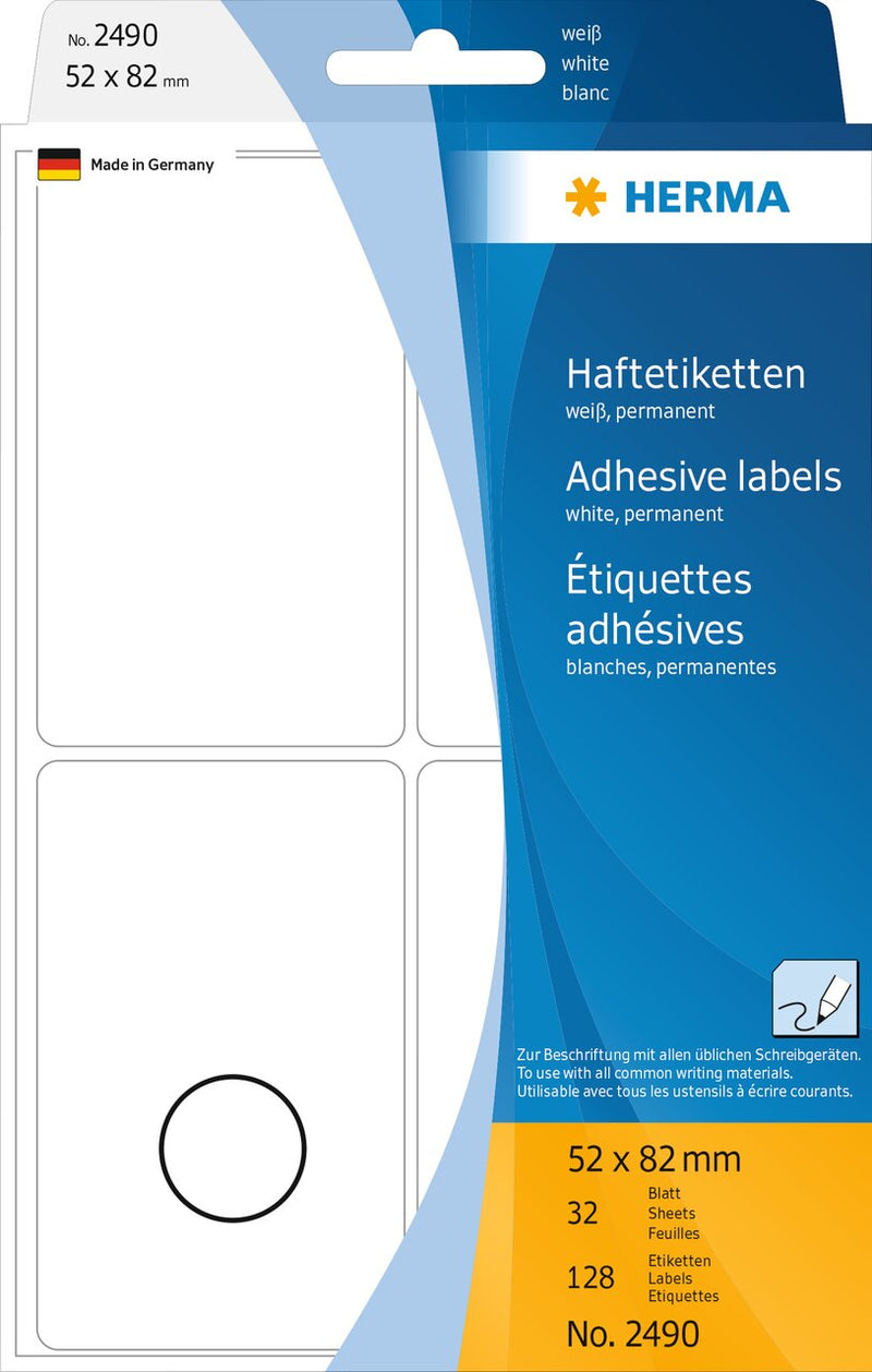 Stickers, White, 52 x 82mm, Paper, Permanent adhesive, Rectangles [128 labels]
