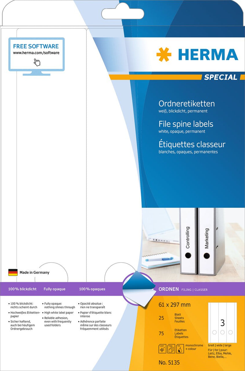 File labels, White, 61 x 297mm, for wide files (long), A4 [75 labels]