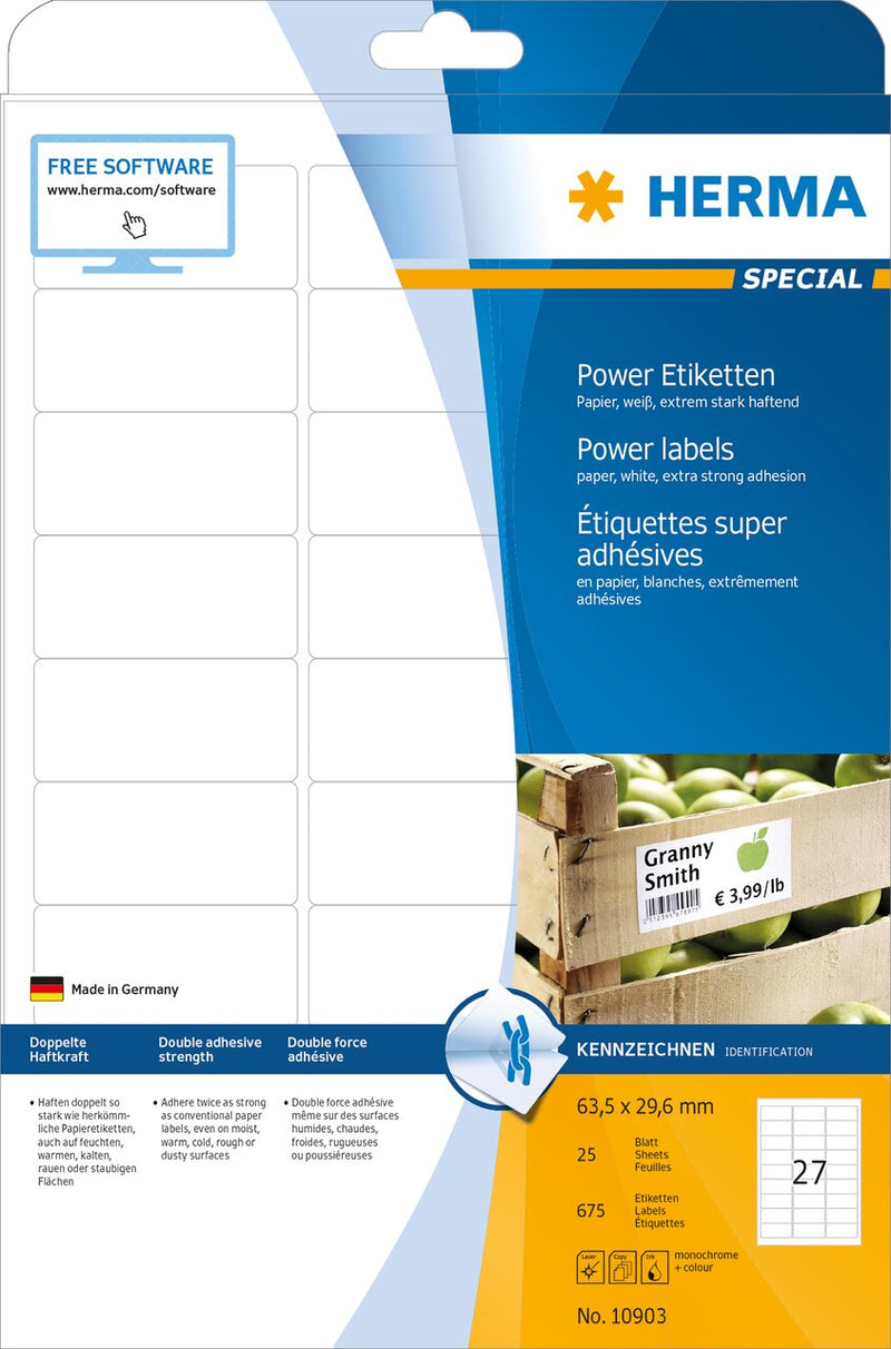 Power labels, 64 x 30mm, White, Extra-strong adhesive, A4 [675 labels]