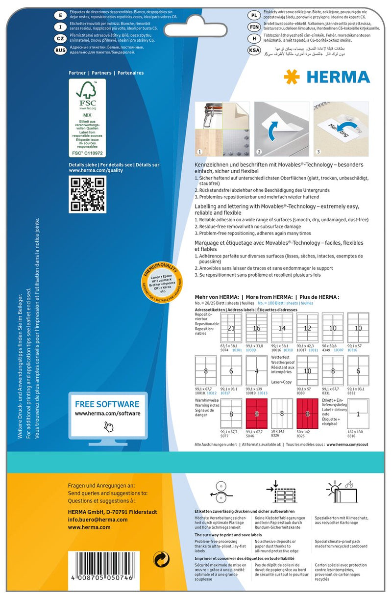 Removable labels, 64 x 38mm, White, Repositionable paper, A4 [525 labels]
