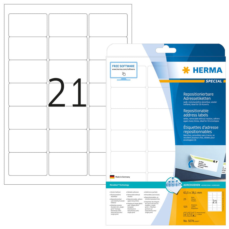 Removable labels, 64 x 38mm, White, Repositionable paper, A4 [525 labels]