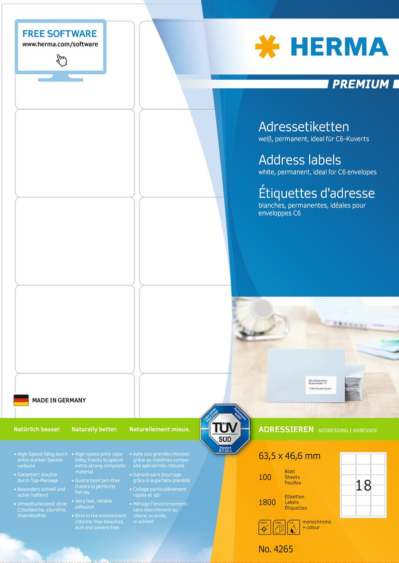 Address labels, 64 x 47mm, PREMIUM, Recyclable paper, Permanent adhesive, A4 [1800 labels]
