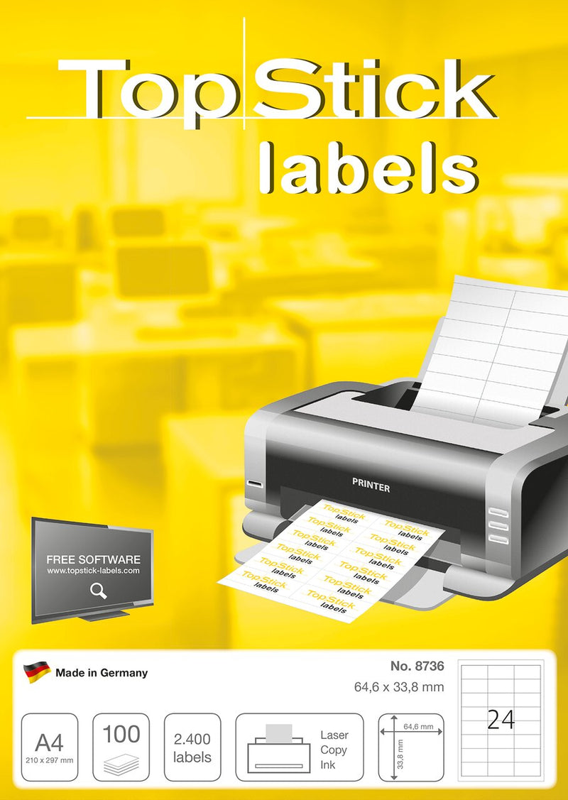 Labels, Copier/Laser/Inkjet, 65 x 34mm, White, Paper, Permanent adhesive, A4 [2400 labels]