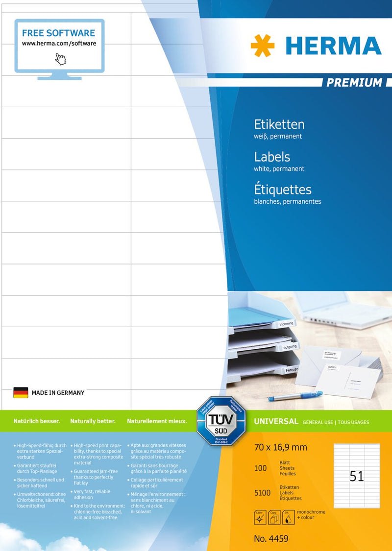 Address labels, 70 x 17mm, PREMIUM, Recyclable paper, Permanent adhesive, A4 [5100 labels]