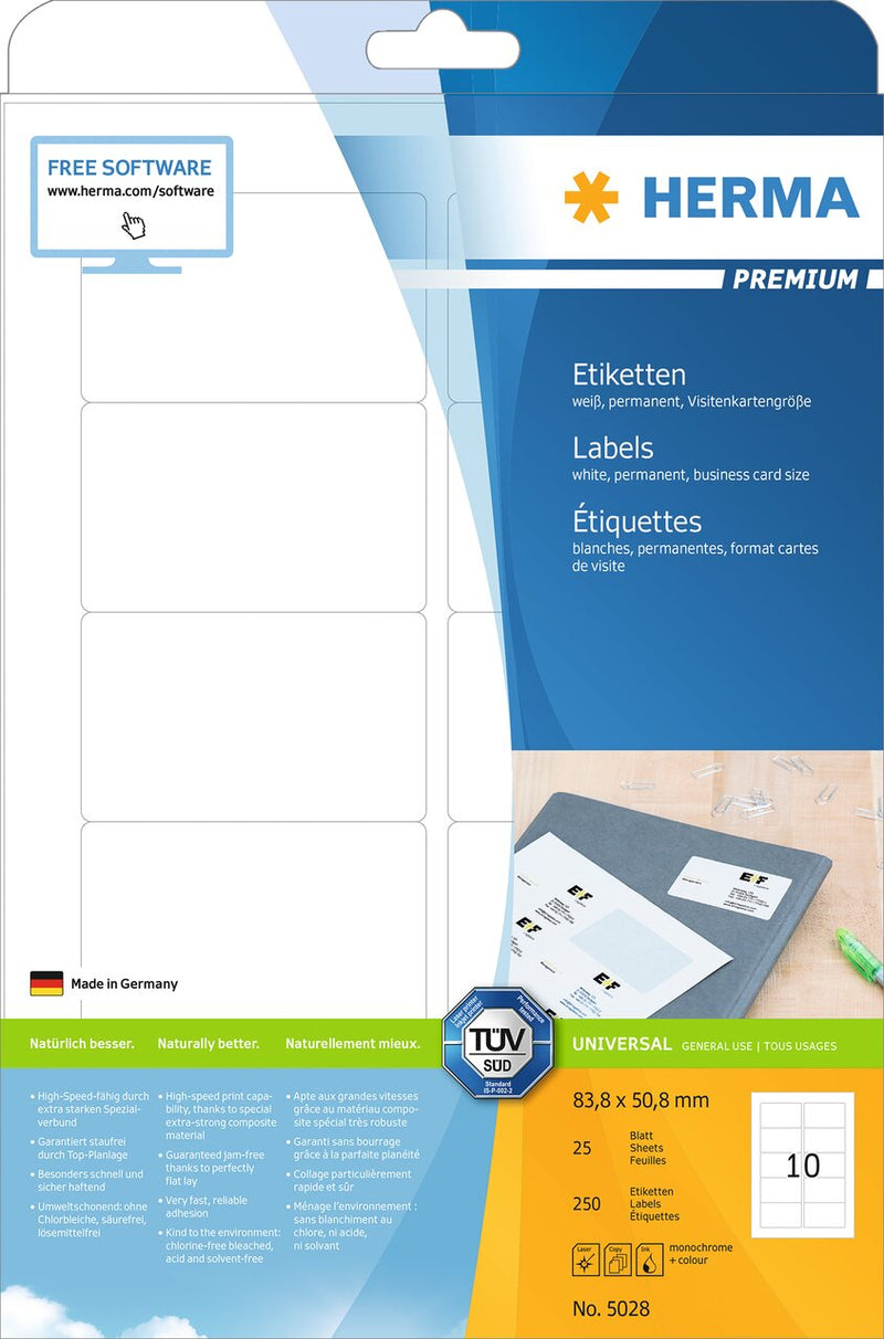 Address labels, 84 x 51mm, PREMIUM, Recyclable paper, Permanent adhesive, A4 [250 labels]