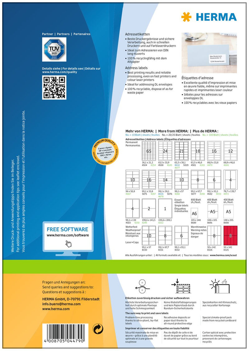 Address labels, 89 x 34mm, PREMIUM, Recyclable paper, Permanent adhesive, A4 [1600 labels]