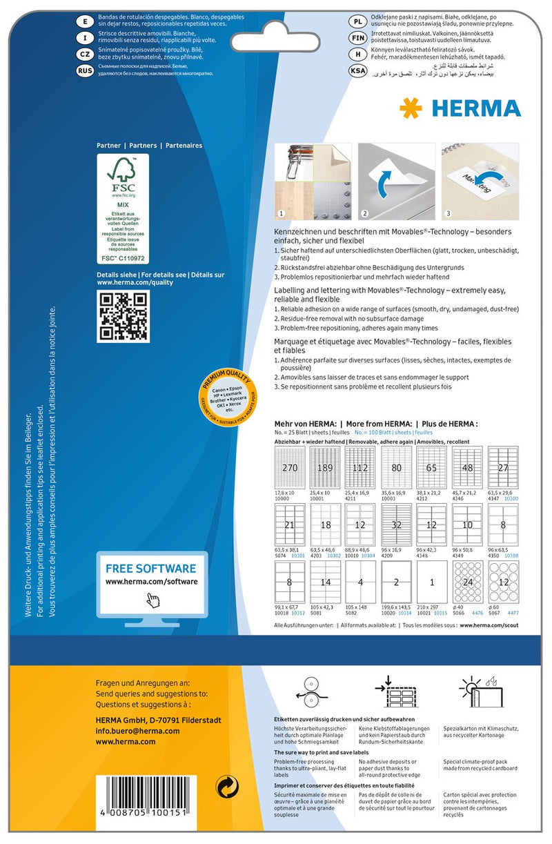 Removable labels, 96 x 10mm, White, Repositionable paper, A4 [1350 labels]