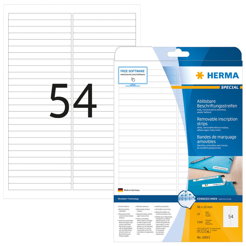 Removable labels, 96 x 10mm, White, Repositionable paper, A4 [1350 labels]