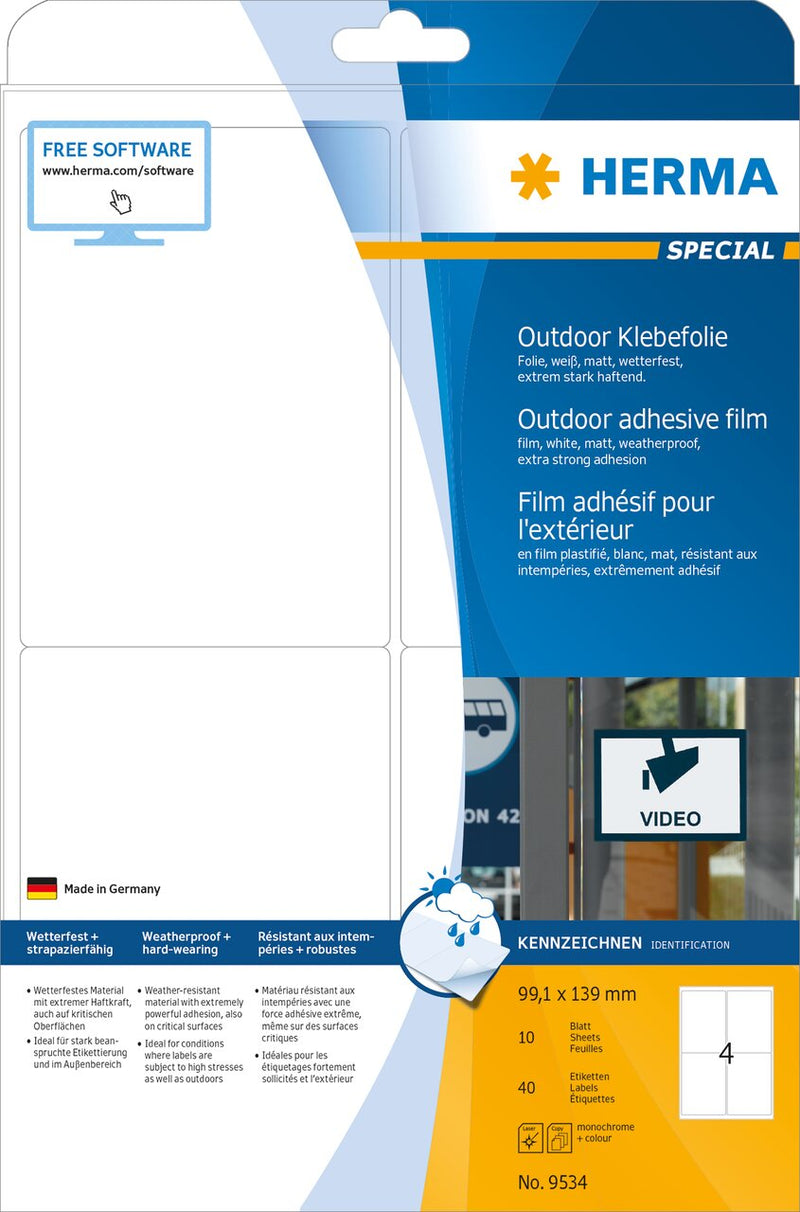 Weatherproof film labels, 99 x 139mm, White, Extra-strong adhesive, A4 [40 labels]