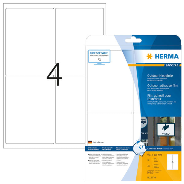 Weatherproof film labels, 99 x 139mm, White, Extra-strong adhesive, A4 [40 labels]