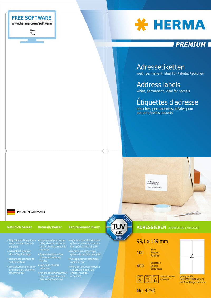 Address labels, 99 x 139mm, PREMIUM, Recyclable paper, Permanent adhesive, A4 [400 labels]