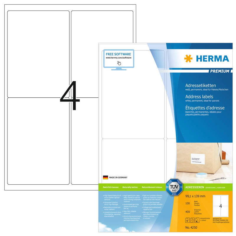 Address labels, 99 x 139mm, PREMIUM, Recyclable paper, Permanent adhesive, A4 [400 labels]