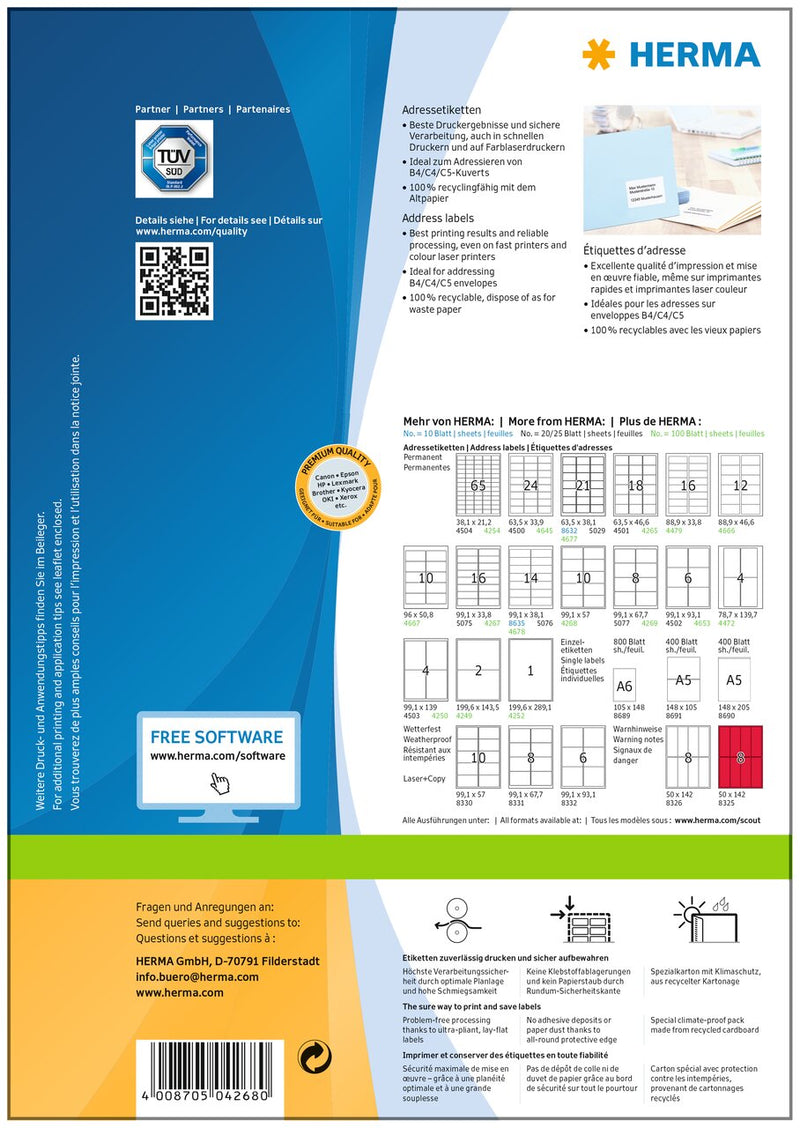 Address labels, 99 x 57mm, PREMIUM, Recyclable paper, Permanent adhesive, A4 [1000 labels]