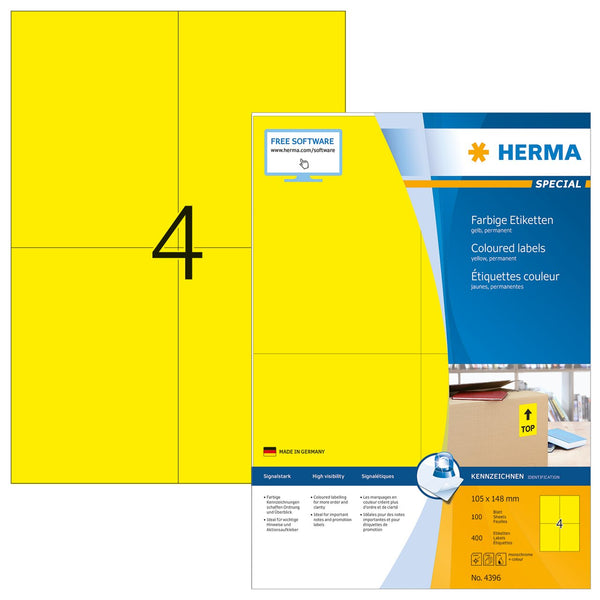 Yellow labels, 105 x 148mm, Paper, Permanent adhesive, A4 [400 labels]