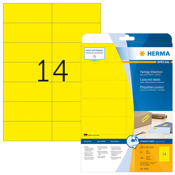 Yellow labels, 105 x 42mm, Paper, Removable adhesive, A4 [280 labels]