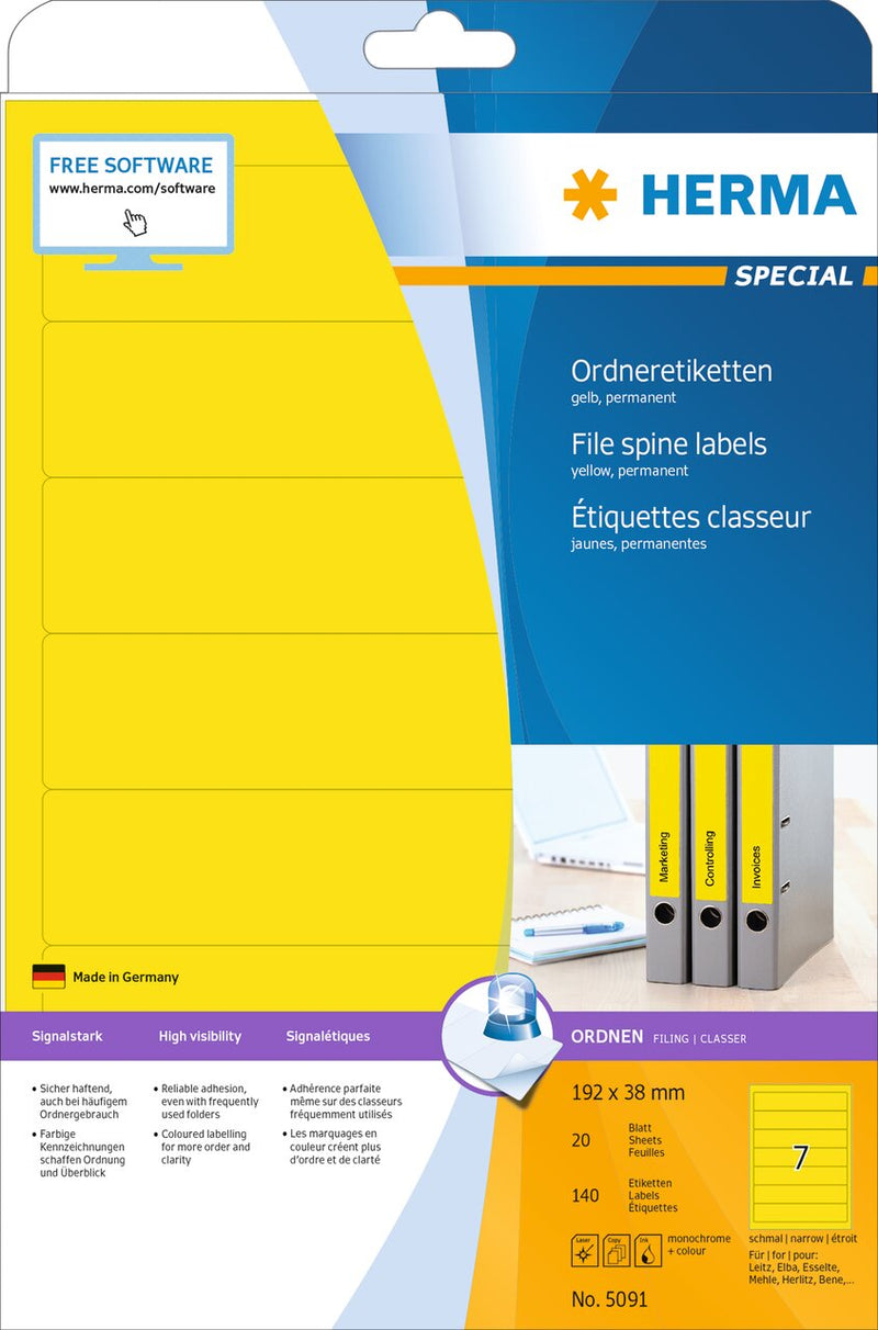 File labels, Yellow, 192 x 38mm, for narrow files (short), A4 [140 labels]