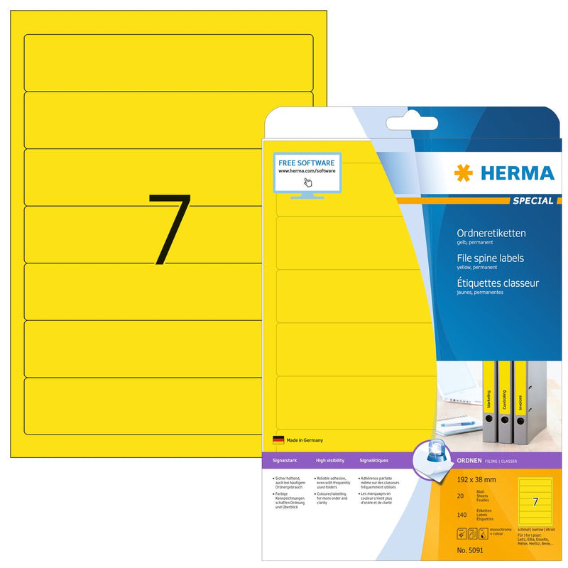 File labels, Yellow, 192 x 38mm, for narrow files (short), A4 [140 labels]