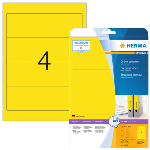 File labels, Yellow, 192 x 61mm, for wide files (short), A4 [80 labels]