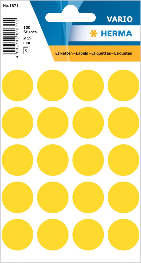 Stickers, Yellow coloured dots, 19mm diameter, Paper, Permanent adhesive [100 labels]