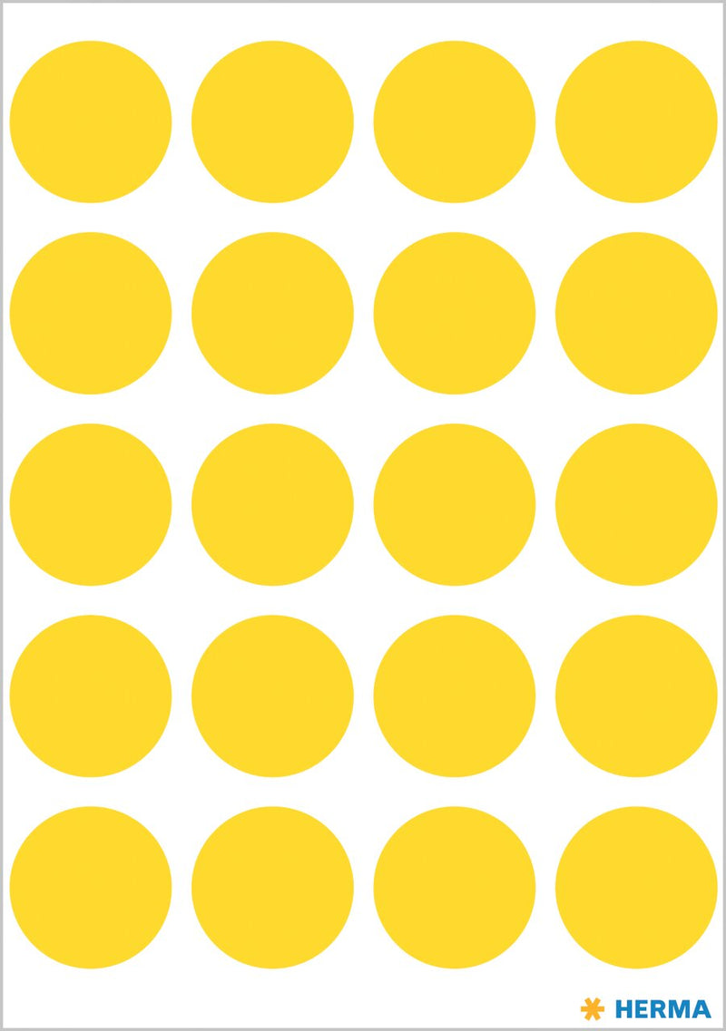 Stickers, Yellow coloured dots, 19mm diameter, Paper, Permanent adhesive [100 labels]