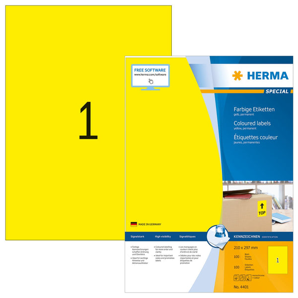 Yellow labels, 210 x 297mm, Paper, Permanent adhesive, A4 [100 labels]