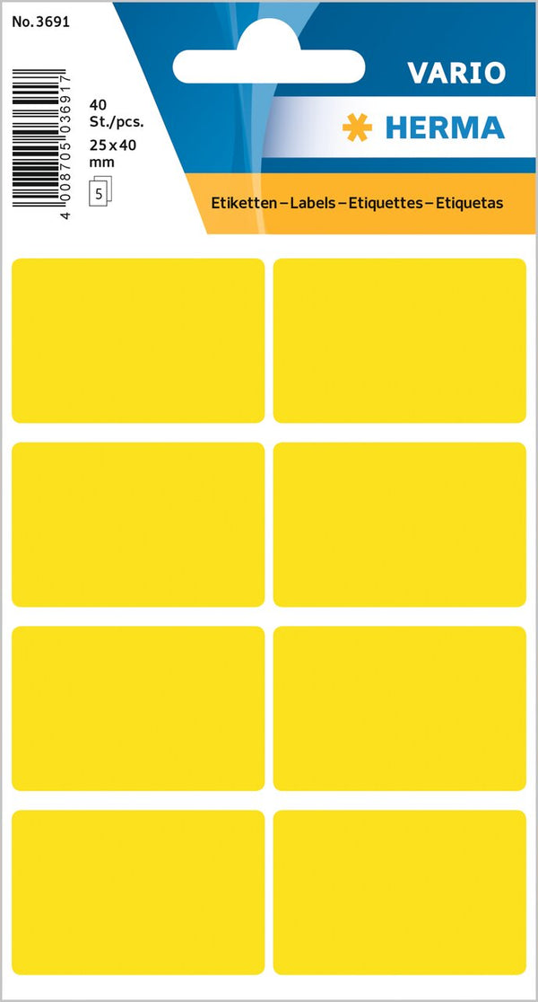Stickers, Yellow, 25 x 40mm, Paper, Permanent adhesive, Rectangles [40 labels]