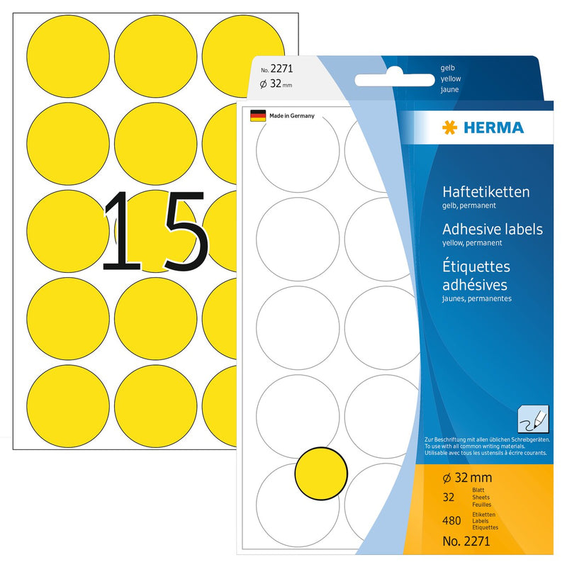 Stickers, Yellow coloured dots, 32mm diameter, Paper, Permanent adhesive [480 labels]