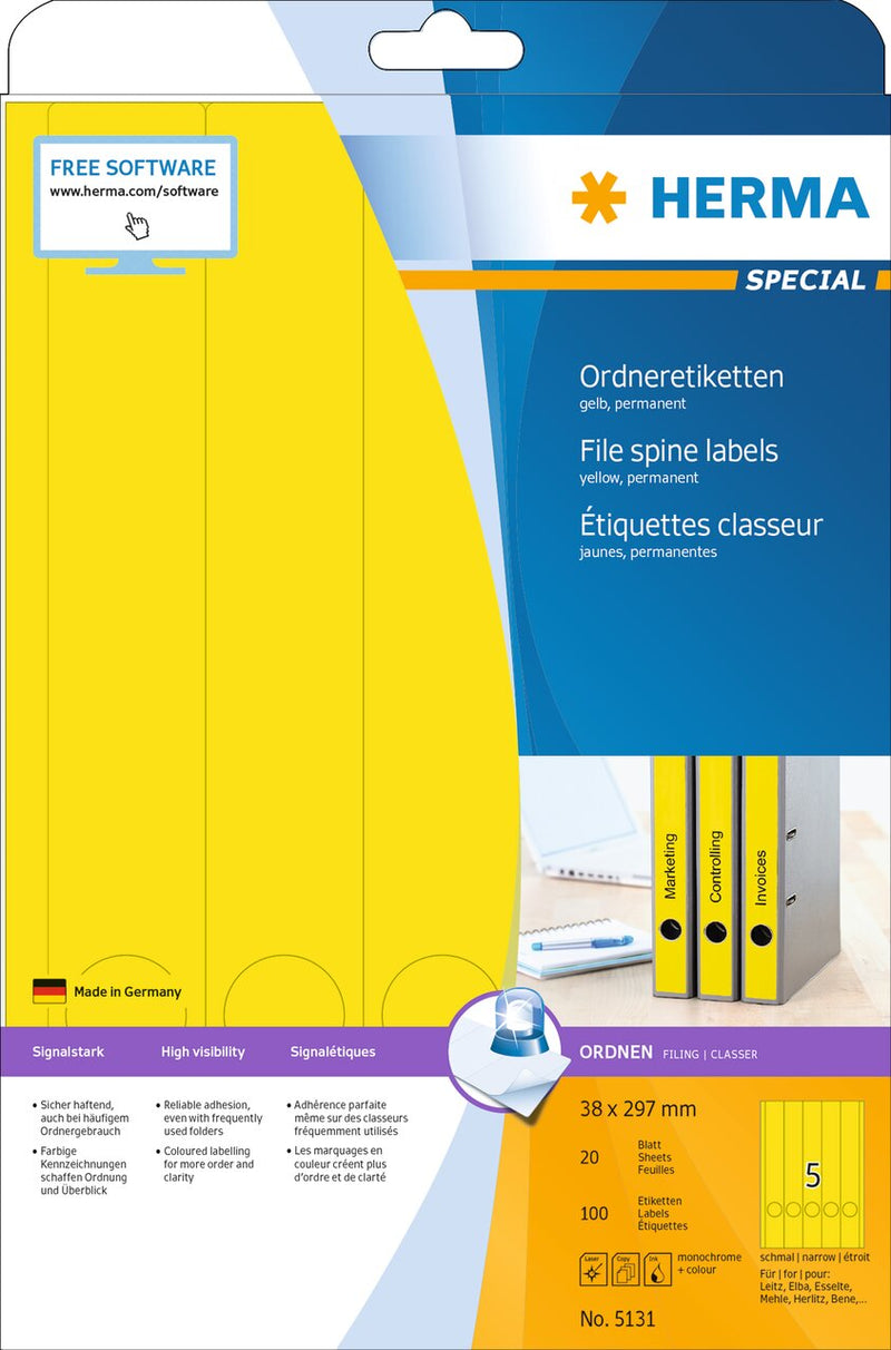 Durable File Labels File Labels NZ | Yellow 38 x 297mm | HERMA | 5131