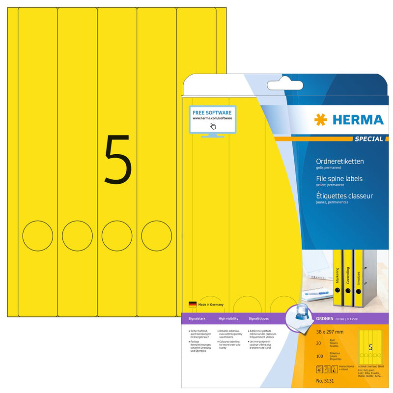 File labels, Yellow, 38 x 297mm, for narrow files (long), A4 [100 labels]