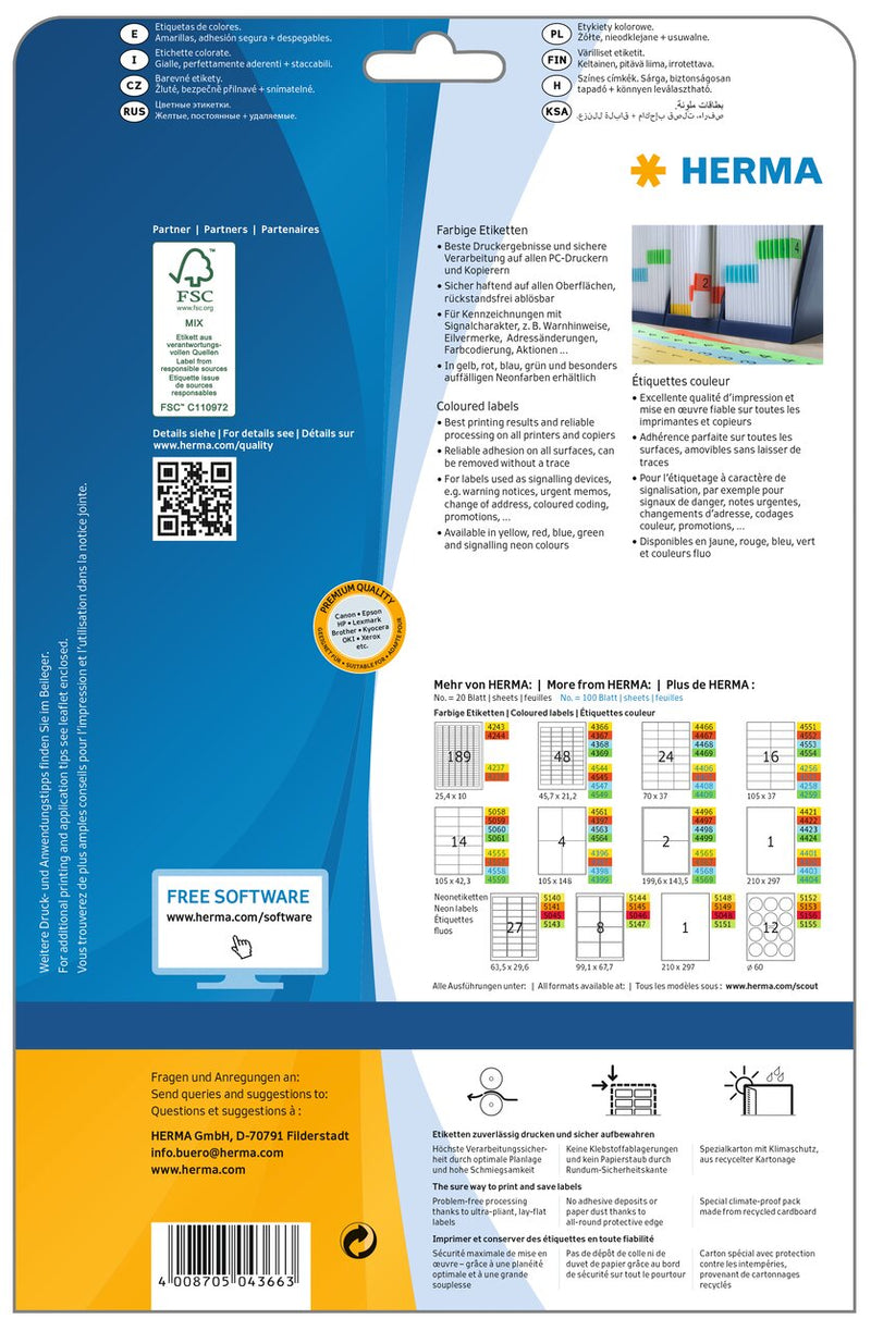 Yellow labels, 46 x 21mm, Paper, Removable adhesive, A4 [960 labels]