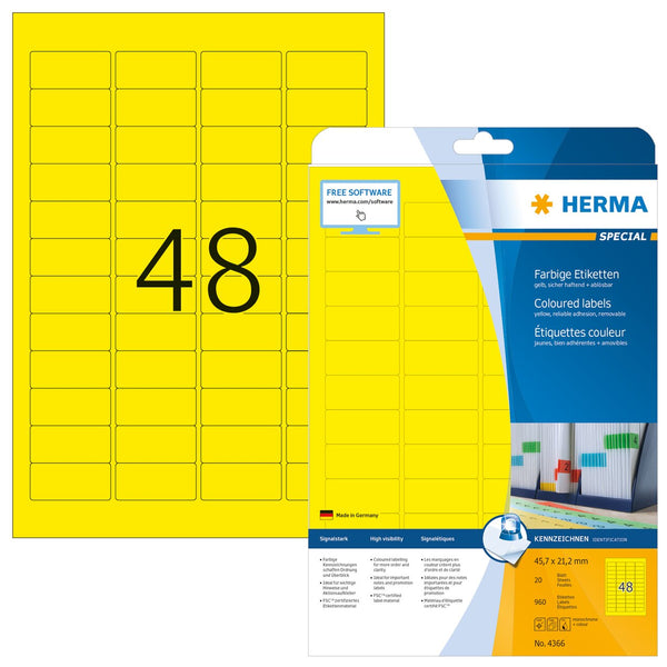 Yellow labels, 46 x 21mm, Paper, Removable adhesive, A4 [960 labels]