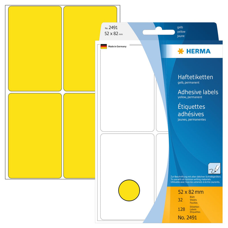 Stickers, Yellow, 52 x 82mm, Paper, Permanent adhesive, Rectangles [128 labels]