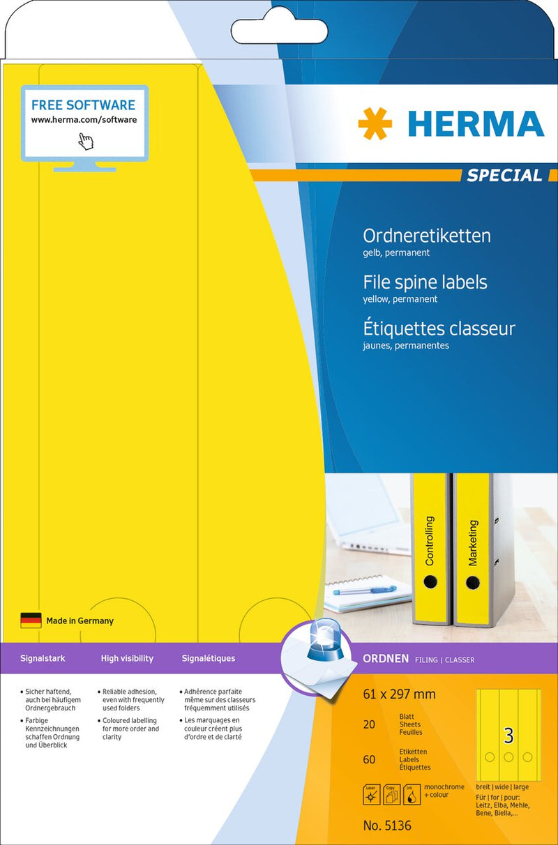 File labels, Yellow, 61 x 297mm, for wide files (long), A4 [60 labels]