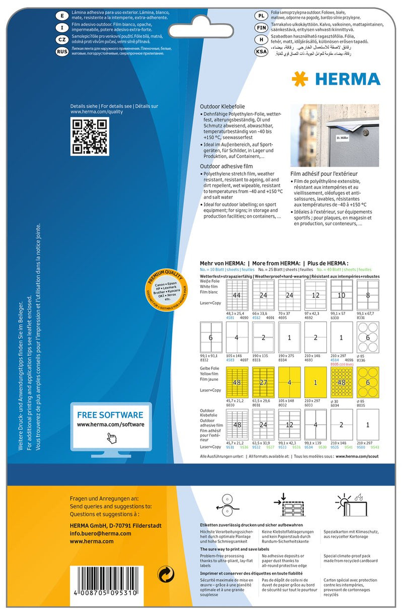 Weatherproof film labels, 46 x 21mm, White, Extra Strong Adhesive, A4 [480 labels]