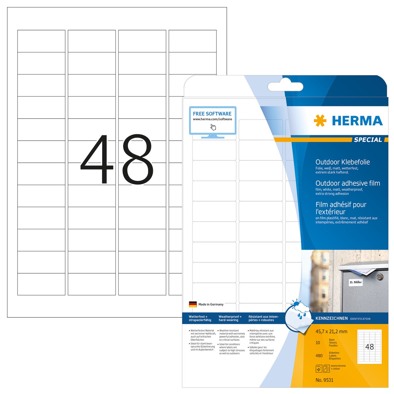 Weatherproof film labels, 46 x 21mm, White, Extra Strong Adhesive, A4