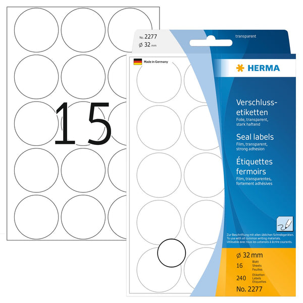 Seal labels, 32mm diameter, Clear Matt Polyester, Extra-strong adhesive [240 labels]